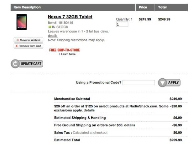 Nexus 7 via RadioShack cheaper than Google Play
