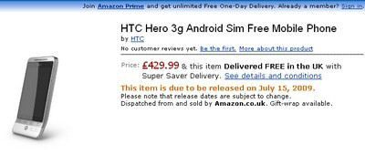 Pre-order HTC Hero at Amazon UK for Â£429