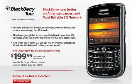 Verizon BlackBerry Tour July 12th Pre-order Page now live