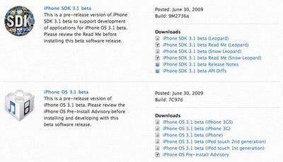 Apple iPhone OS 3.1 beta firmware for developers available