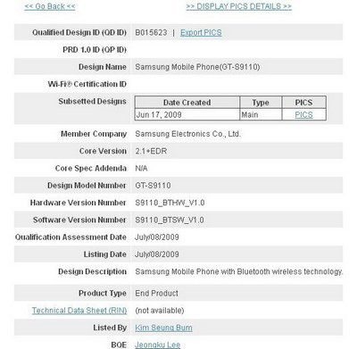 New Samsung S9110 Gains Bluetooth SIG Approval