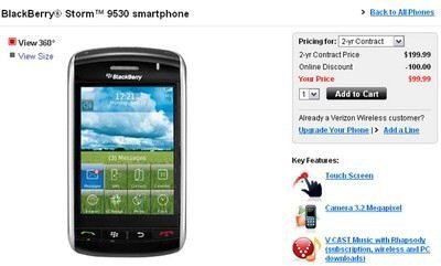 BlackBerry Storm 9530 price lowered to $99.99 by Verizon