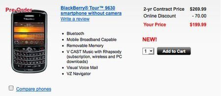 Verizon BlackBerry Tour 9630 without camera for $199.99
