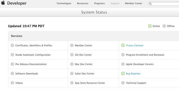 Apple-Developer-system-status-page