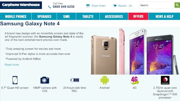 Carphone Warehouse Galaxy Note 4