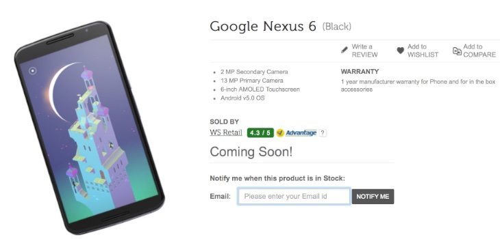Nexus 6 India listing